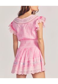 LOVE SHACK FANCY - Różowa sukienka Fontana. Kolor: różowy, wielokolorowy, fioletowy. Materiał: koronka, bawełna. Długość rękawa: krótki rękaw. Wzór: haft, kwiaty. Długość: mini