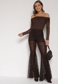 Born2be - Brązowe Koronkowe Spodnie Dzwony z Wysokim Stanem Solifera. Okazja: na co dzień. Stan: podwyższony. Kolor: brązowy. Materiał: koronka. Wzór: koronka. Styl: casual #2