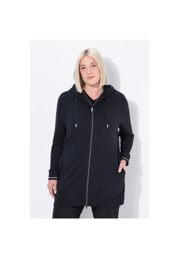 ULLA POPKEN - Damskie Bluza dresowa ozdobna lamówka oversize kaptur. Kolekcja: plus size. Kolor: czarny. Materiał: poliester, materiał, bawełna