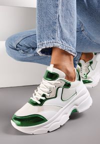Renee - Biało-Zielone Sneakersy na Grubej Podeszwie ze Wstawkami z Perforacją Lanya. Kolor: biały
