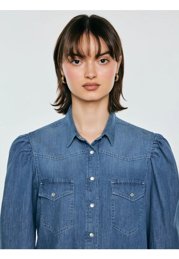 Big-Star - Koszula damska jeansowa z bufkami niebieska Indiana 164. Kolor: niebieski. Materiał: jeans. Styl: retro