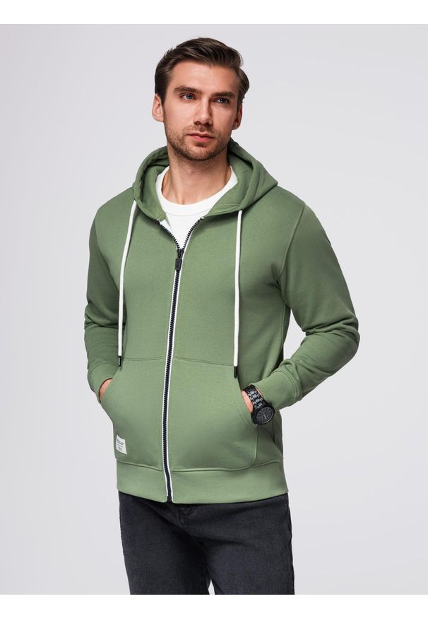 Ombre Clothing - Bluza męska dresowa BASIC rozpinana z kapturem - zielona V3. Okazja: na co dzień. Typ kołnierza: kaptur. Kolor: zielony. Materiał: dresówka. Wzór: aplikacja, jednolity, gładki. Styl: klasyczny, casual