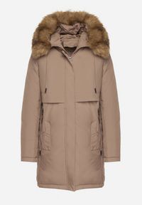 Born2be - Ciemnobeżowa Casualowa Kurtka Parka z Kapturem z Futerkiem Nallorea. Okazja: na co dzień. Typ kołnierza: kaptur. Kolor: beżowy. Materiał: futro. Styl: casual #4