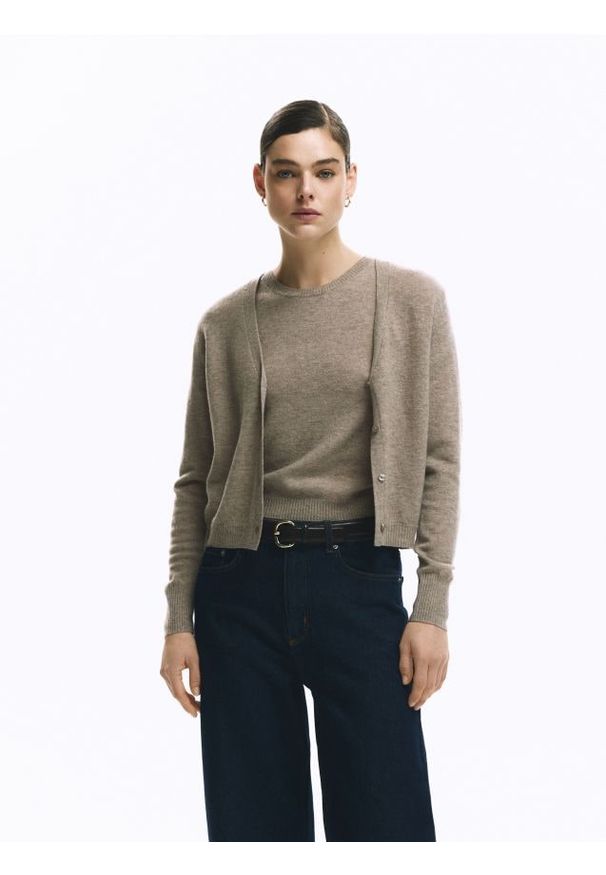 Reserved - Wełniany kardigan - brązowy. Kolor: brązowy. Materiał: wełna