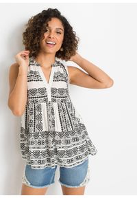 bonprix - Bluzka bez rękawów, z miękkiej wiskozy. Typ kołnierza: typu henley. Kolor: czarny. Materiał: wiskoza. Długość rękawa: bez rękawów. Wzór: nadruk #1