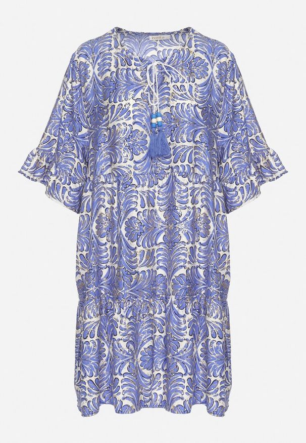 Born2be - Niebieska Sukienka z Lnem o Rozkloszowanym Kroju z Falbanami i Metalicznym Nafrukiem Rinanis. Okazja: na co dzień. Typ kołnierza: dekolt w serek. Kolor: niebieski. Materiał: len. Wzór: aplikacja. Styl: casual, elegancki, klasyczny