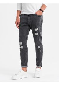 Ombre Clothing - Washowane męskie spodnie jeansowe TAPERED FIT z przetarciami – grafitowe V3 - Rozmiar: XL. Kolor: szary. Materiał: jeans. Styl: rockowy