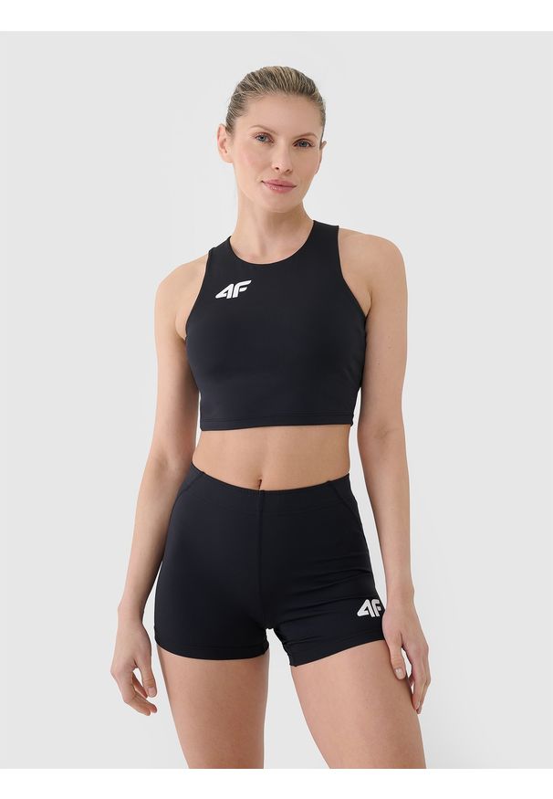 4f - 4F Biustonosz treningowy ze średnim wsparciem damski - czarny L. Kolor: czarny. Materiał: dzianina, elastan, włókno, syntetyk, materiał, guma. Rodzaj stanika: wyciągane miseczki. Wzór: gładki, jednolity, ze splotem. Sport: fitness, bieganie, kolarstwo