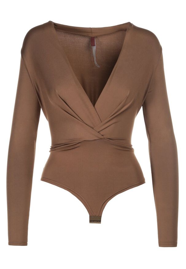 Born2be - Brązowe Body z Wiskozą i Kopertowym Dekoltem Candletree. Okazja: na co dzień. Kolor: brązowy. Materiał: wiskoza. Wzór: aplikacja. Styl: casual, elegancki