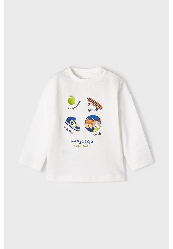 Mayoral longsleeve bawełniany dziecięcy kolor biały z nadrukiem. Okazja: na co dzień. Kolor: biały. Materiał: bawełna. Długość rękawa: długi rękaw. Wzór: nadruk. Styl: casual