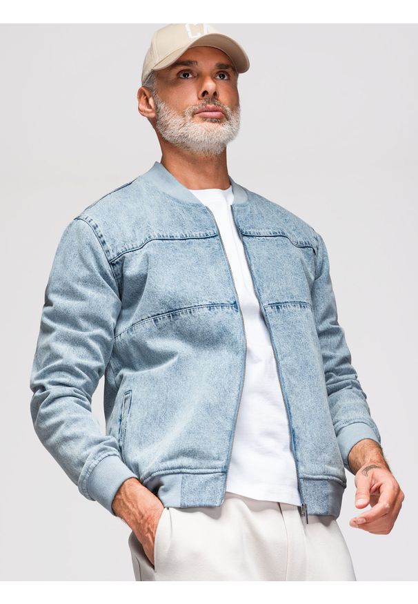 Ombre Clothing - Kurtka męska jeansowa bomberka z efektem stone wash – jasnoniebieska V3 - Rozmiar: S. Kolor: szary. Materiał: jeans. Styl: klasyczny, retro, sportowy