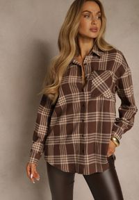 Renee - Brązowa Koszula z Bawełny Ozdobiona Kratą Monitela. Okazja: na co dzień. Kolor: brązowy. Materiał: bawełna. Wzór: aplikacja. Styl: klasyczny, casual #1