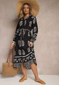 Renee - Czarna Sukienka Koszulowa Wiązana w Pasie w Stylu Boho Rorisha. Kolor: czarny. Materiał: tkanina. Typ sukienki: koszulowe. Styl: boho