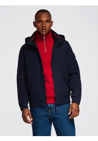 Ombre Clothing - Męska kurtka z kapturem i wysoką stójką - granatowa V2 - Rozmiar: XXL. Okazja: na co dzień. Typ kołnierza: kaptur, kołnierzyk stójkowy. Kolor: niebieski. Materiał: tkanina, poliester, materiał. Styl: casual