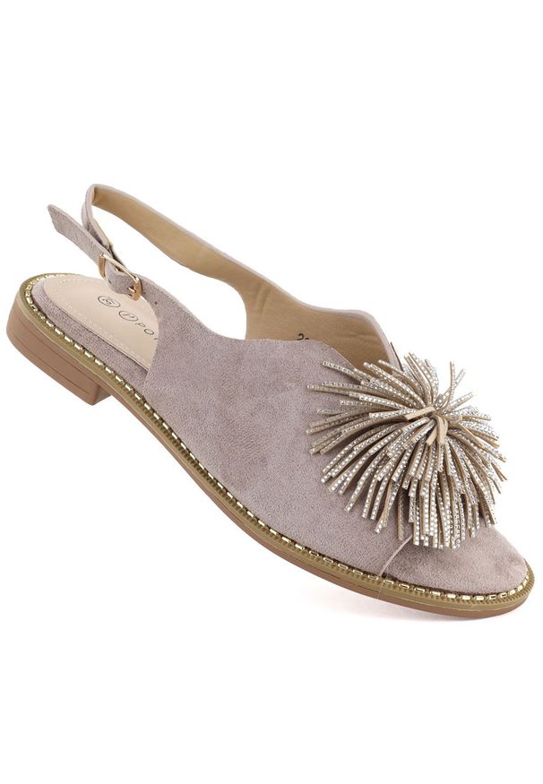 POTOCKI - Sandały damskie płaskie zabudowane z cekinami khaki Potocki 43349. Kolor: brązowy. Materiał: tkanina