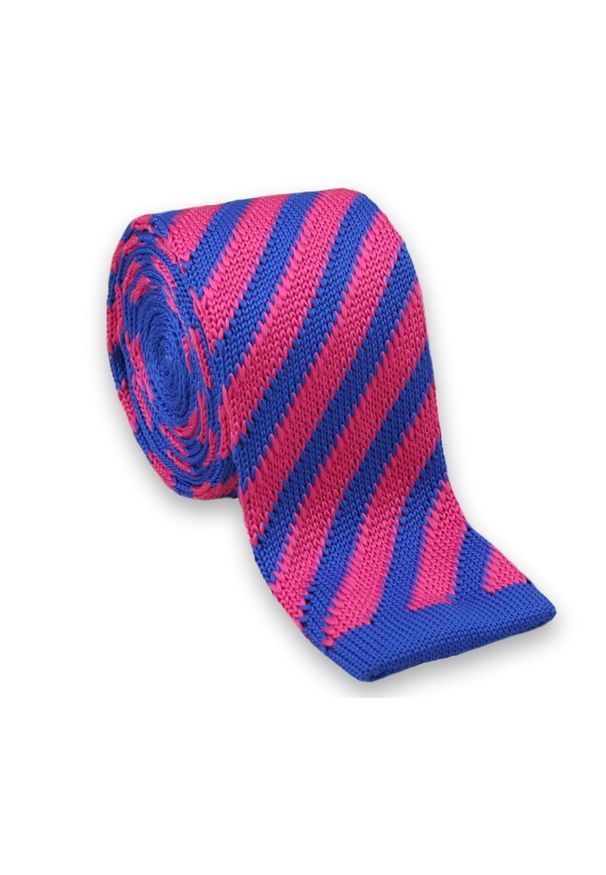 Dziergany Krawat Męski KNIT, Casual - Chattier- Kolorowy, Niebiesko-Różowy. Okazja: na co dzień. Kolor: wielokolorowy. Materiał: poliester. Wzór: prążki, paski. Styl: casual