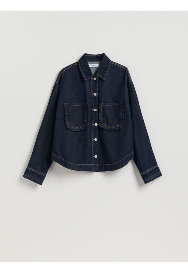 Reserved - Koszula z falbankami - granatowy. Typ kołnierza: kołnierz z falbankami. Kolor: niebieski. Materiał: bawełna, tkanina