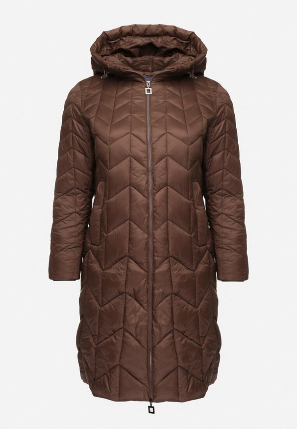 Born2be - Brązowa Długa Kurtka z Ozdobnym Pikowanym Przeszyciem i Kapturem Pretini. Okazja: na co dzień. Kolekcja: plus size. Kolor: brązowy. Materiał: jeans. Długość rękawa: długi rękaw. Długość: długie. Styl: elegancki, klasyczny, casual