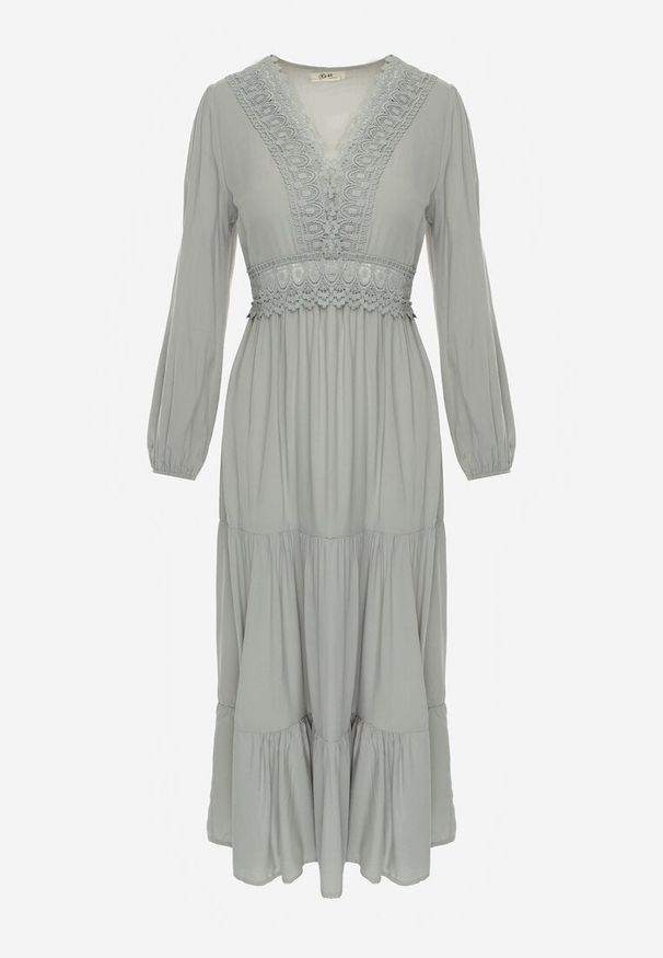 Renee - Zielona Sukienka Rozkloszowana z Falbanką i Koronką Kiaya. Kolor: zielony. Materiał: koronka. Wzór: koronka. Długość: maxi