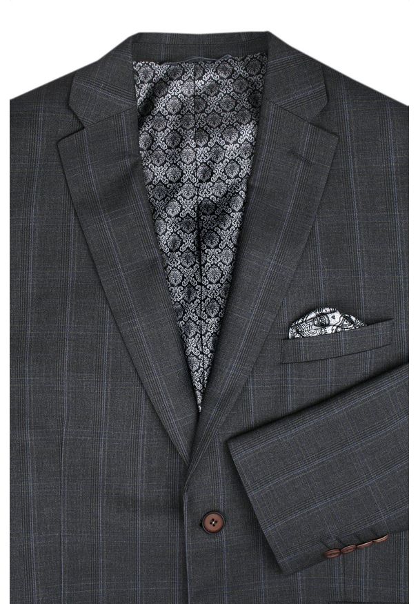 Elegancka Marynarka Męska - Casino - Delikatnie Taliowana - Grafitowa w Kratę. Kolor: szary. Materiał: poliester, elastan, wiskoza. Styl: elegancki