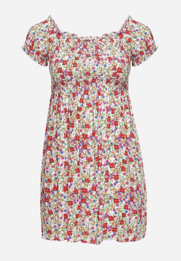 Born2be - Biało-Czerwona Wiskozowa Sukienka w Kwiaty Typu Hiszpanka z Gumką w Talii Revemia. Typ kołnierza: dekolt hiszpanka. Kolor: biały. Materiał: wiskoza. Wzór: kwiaty. Sezon: wiosna. Typ sukienki: z odkrytymi ramionami