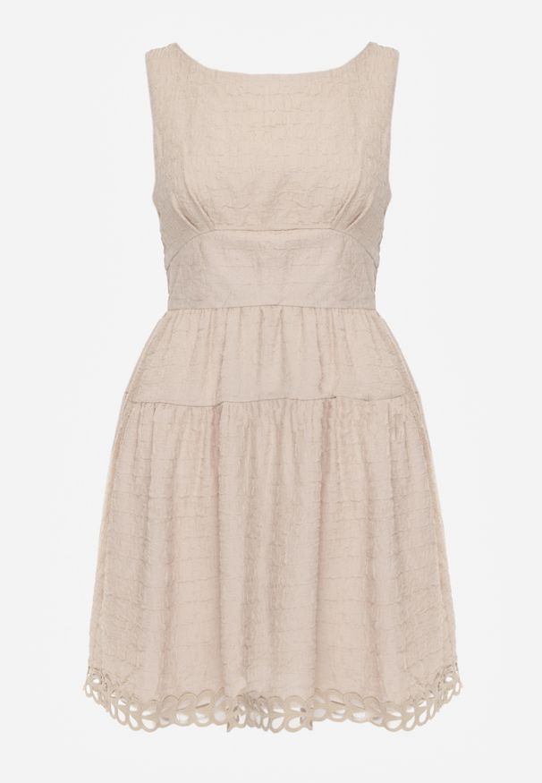 Renee - Beżowa Sukienka Bez Rękawów z Falbanką i Koronką na Dole Divina. Kolor: beżowy. Materiał: koronka. Długość rękawa: bez rękawów. Wzór: koronka. Typ sukienki: rozkloszowane