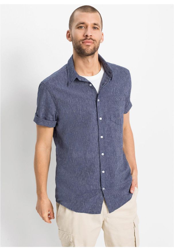 bonprix - Koszula z krótkim rękawem z materiału z domieszką lnu. Kolor: niebieski. Materiał: len, materiał. Długość rękawa: krótki rękaw. Długość: krótkie