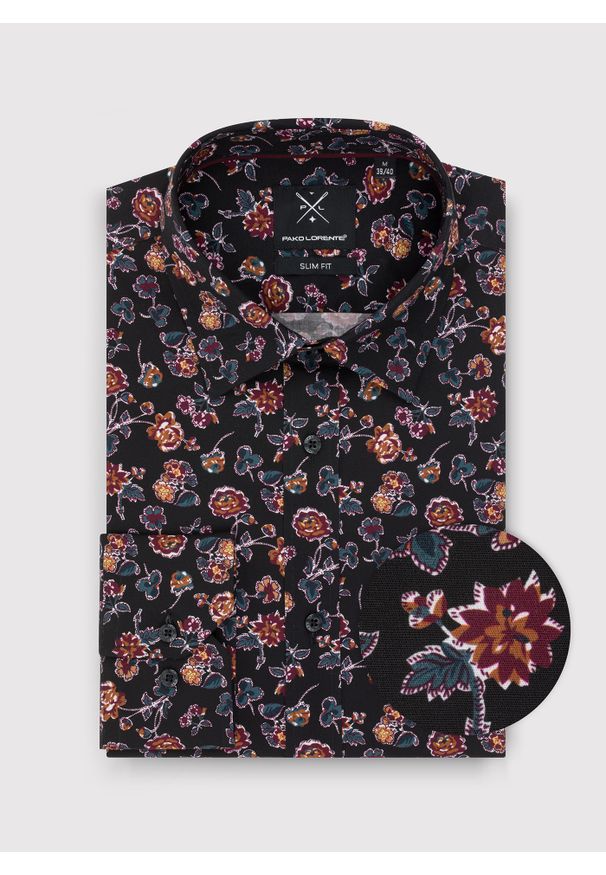 Pako Lorente - PAKO LORENTE – Czarna koszula męska w kwiaty. Kolor: czarny. Materiał: bawełna, elastan. Długość rękawa: długi rękaw. Długość: długie. Wzór: kwiaty