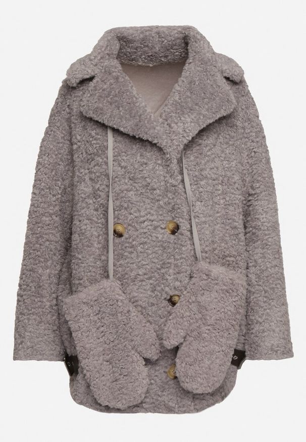 Born2be - Szara Futrzana Kurtka Płaszcz Dwurzędowy z Dołączonymi Rękawiczkami Hetista. Okazja: na co dzień. Kolor: szary. Materiał: futro. Styl: elegancki, casual