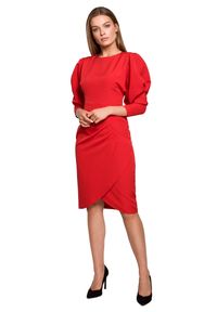 Stylove - Elegancka sukienka ołówkowa z bufiastymi rękawami czerwona. Okazja: na imprezę, na ślub cywilny, na wesele. Kolor: czerwony. Typ sukienki: ołówkowe. Styl: elegancki #4