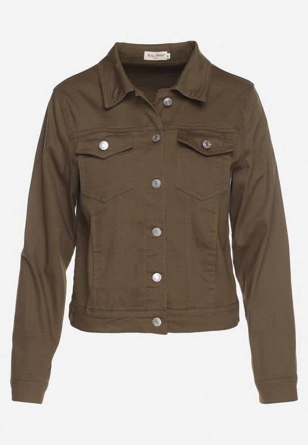 Born2be - Ciemnozielona Bawełniana Kurtka Jeansowa Zapinana na Metalowe Guziki Auratia. Okazja: na co dzień, na spacer. Kolor: zielony. Materiał: bawełna, jeans. Długość rękawa: długi rękaw. Długość: długie. Styl: klasyczny, casual