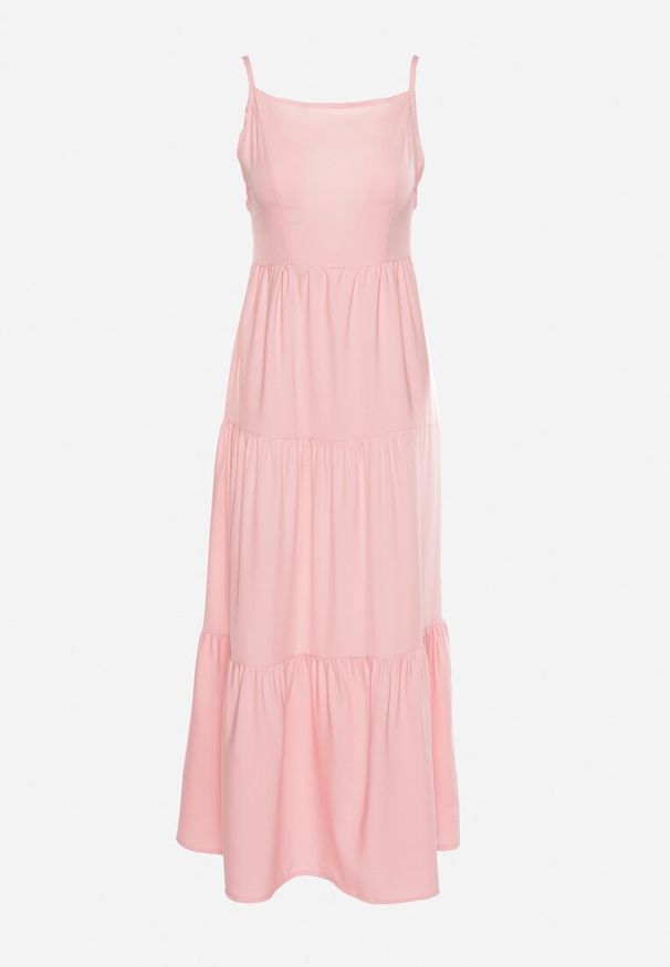 Born2be - Różowa Rozkloszowana Sukienka na Ramiączkach Zawiązywana z Tyłu z Elastyczną Gumką w Talii Grililena. Kolor: różowy. Długość rękawa: na ramiączkach