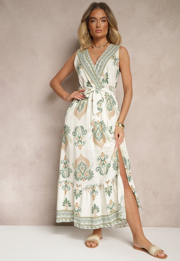 Renee - Zielona Kopertowa Sukienka z Wiskozy Ozdobiona Paskiem Eralitia. Okazja: na co dzień. Typ kołnierza: dekolt w kształcie V. Kolor: zielony. Materiał: wiskoza. Wzór: aplikacja. Typ sukienki: kopertowe. Styl: klasyczny, casual, elegancki