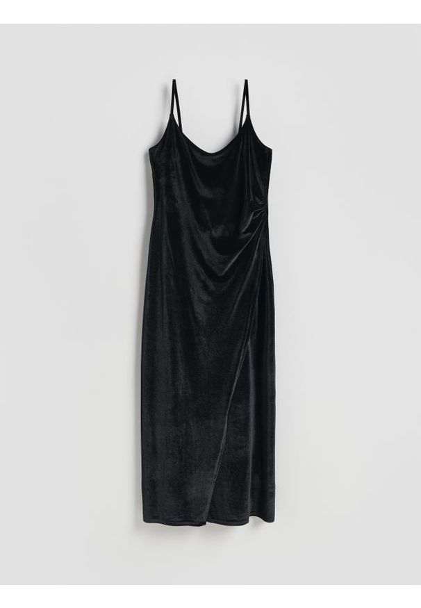 Reserved - Sukienka maxi z asymetrycznym rozcięciem - czarny. Kolor: czarny. Materiał: dzianina, welur. Typ sukienki: asymetryczne. Długość: maxi