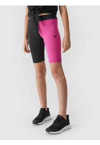 4F JUNIOR - Legginsy sportowe kolarki szybkoschnące dziewczęce. Kolor: różowy. Materiał: włókno, skóra