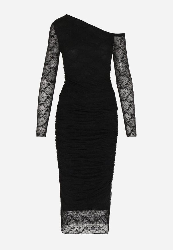 Born2be - Czarny Koronkowy Komplet Dopasowana Spódnica i Bluzka na Jedno Ramię Calonara. Kolor: czarny. Materiał: koronka