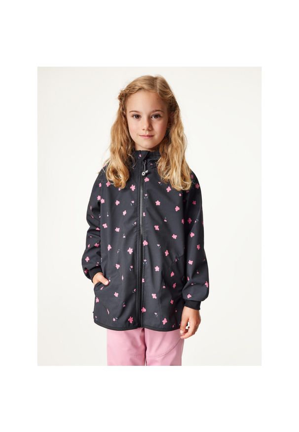 UNUO - Kurtka softshellowa dziecięca bez ocieplenia elastyczna Basic, czarny, kwiaty. Kolor: czarny. Materiał: softshell. Wzór: kwiaty. Sezon: lato, jesień, wiosna