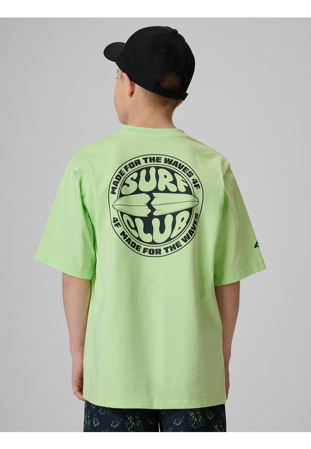 4f - 4F T-shirt loose z nadrukiem chłopięcy - zielony 134/140 (8-10 lat). Okazja: na co dzień. Kolor: zielony. Materiał: bawełna, skóra, dzianina. Wzór: nadruk. Sezon: lato. Styl: casual