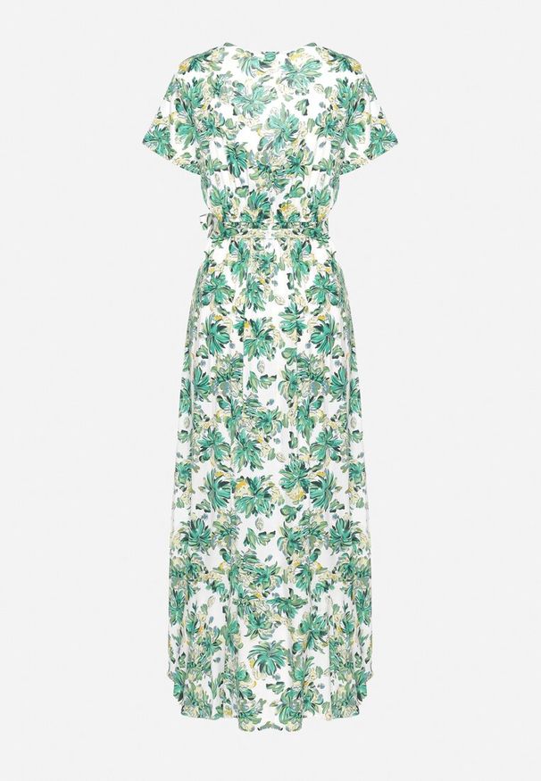 Born2be - Zielona Wiskozowa Sukienka o Rozkloszowanym Kroju z Gumką w Talii i Materiałowym Paskiem Vikletta. Kolor: zielony. Materiał: materiał, wiskoza. Długość rękawa: krótki rękaw. Typ sukienki: rozkloszowane. Styl: elegancki