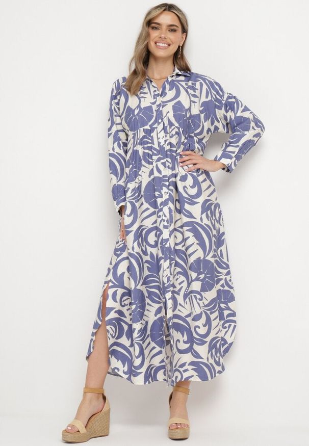 Born2be - Biało-Fioletowa Sukienka Szmizjerka Zapinana na Guziki z Falbanką Lavernia. Okazja: na randkę, na co dzień. Typ kołnierza: kołnierz z falbankami, dekolt w kształcie V. Kolor: biały. Materiał: tkanina, jeans, materiał, wiskoza. Długość rękawa: długi rękaw. Sezon: lato. Typ sukienki: szmizjerki. Styl: klasyczny, casual, elegancki