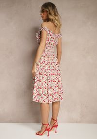 Renee - Biało-Różowa Bawełniana Sukienka z Guzikami o Rozkloszowanym Kroju w Kwiatowy Print Roniselle. Okazja: na co dzień. Kolor: biały. Materiał: bawełna. Wzór: kwiaty, nadruk. Styl: klasyczny, elegancki, casual #4