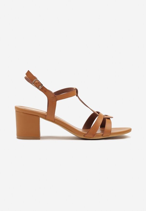 Renee - Ciemnobeżowe Sandały na Obcasie Typu Słupek z Paskiem ze Sprzączką Alipssa. Okazja: na spacer. Zapięcie: pasek. Kolor: beżowy. Materiał: jeans. Wzór: paski. Obcas: na obcasie. Styl: elegancki, klasyczny. Wysokość obcasa: średni