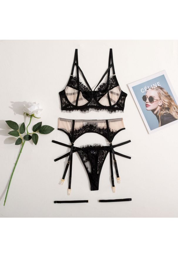 Intica - Koronkowy zestaw bielizny z pasem do pończoch na romantyczne okazje Elie. Kolor: wielokolorowy. Materiał: koronka. Wzór: koronka