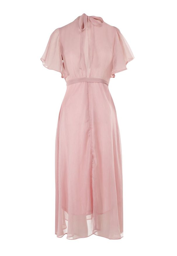 Born2be - Różowa Sukienka o Rozkloszowanym Kroju z Wiązaniem Acsophia. Kolor: różowy. Materiał: tkanina, materiał. Długość rękawa: krótki rękaw. Styl: elegancki, wizytowy. Długość: midi