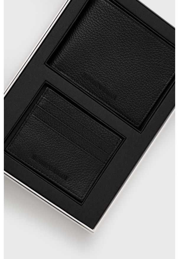 Emporio Armani portfel i etui na karty skórzane męski kolor czarny. Kolor: czarny. Materiał: skóra. Wzór: gładki