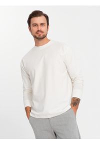 Ombre Clothing - Męski bawełniany longsleeve LOOSE FIT z okrągłym dekoltem – kremowy V2 OM-LSBC-0129 - XXL. Kolor: kremowy. Materiał: bawełna. Długość rękawa: długi rękaw. Wzór: gładki