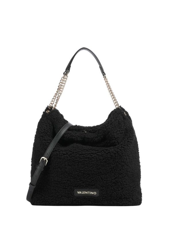 Valentino by Mario Valentino - VALENTINO Duża czarna damska torebka worek Qube Hobo Bag. Kolor: czarny. Materiał: futrzane. Rozmiar: duże