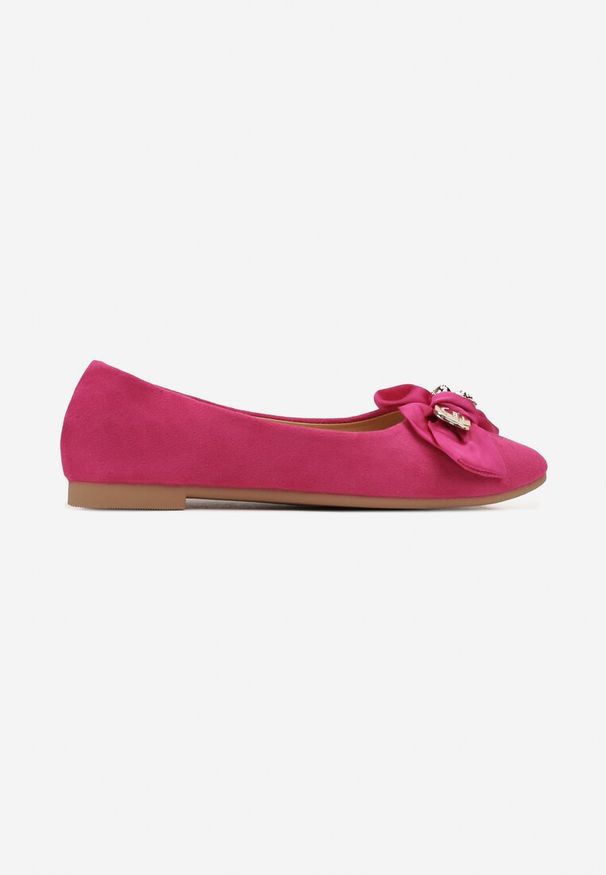 Renee - Fuksjowe Eleganckie Balerinki z Kokardką i Metaliczną Klamrą Kleveni. Zapięcie: klamry. Kolor: różowy. Wzór: aplikacja. Styl: elegancki