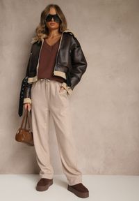 Renee - Beżowe Spodnie High Waist z Gumką i Troczkami w Pasie Rallena. Okazja: na co dzień. Stan: podwyższony. Kolor: beżowy. Styl: casual #5