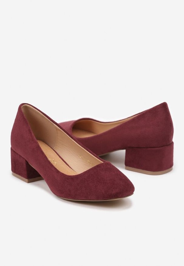 Renee - Bordowe Czółenka na Słupku ze Skórzaną Wkładką Savirae. Okazja: na co dzień. Kolor: czerwony. Materiał: skóra. Obcas: na słupku. Styl: elegancki, casual, klasyczny. Wysokość obcasa: niski